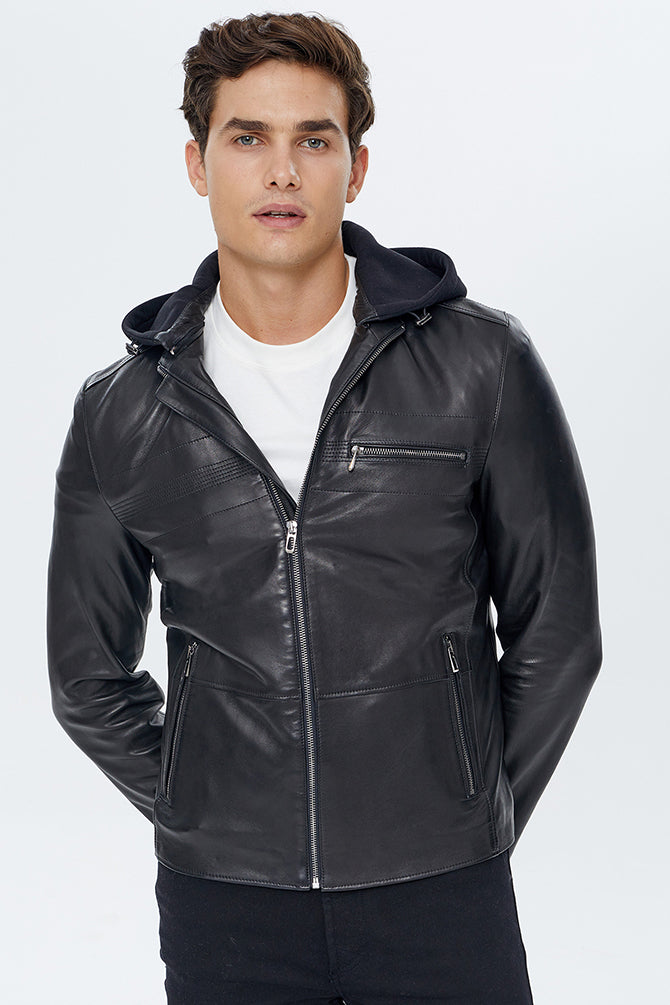 Lopez Erkek Siyah Kapüşonlu Slim-Fit Deri Ceket 22WGD6447VE | Derimod