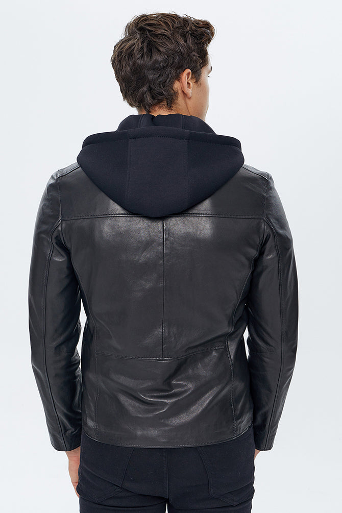 Lopez Erkek Siyah Kapüşonlu Slim-Fit Deri Ceket
