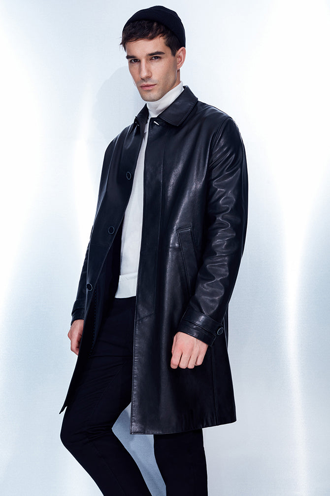De Bruyne Men's Black Long Blazer Leather Jacket 22WGD6448U7 | Derimod