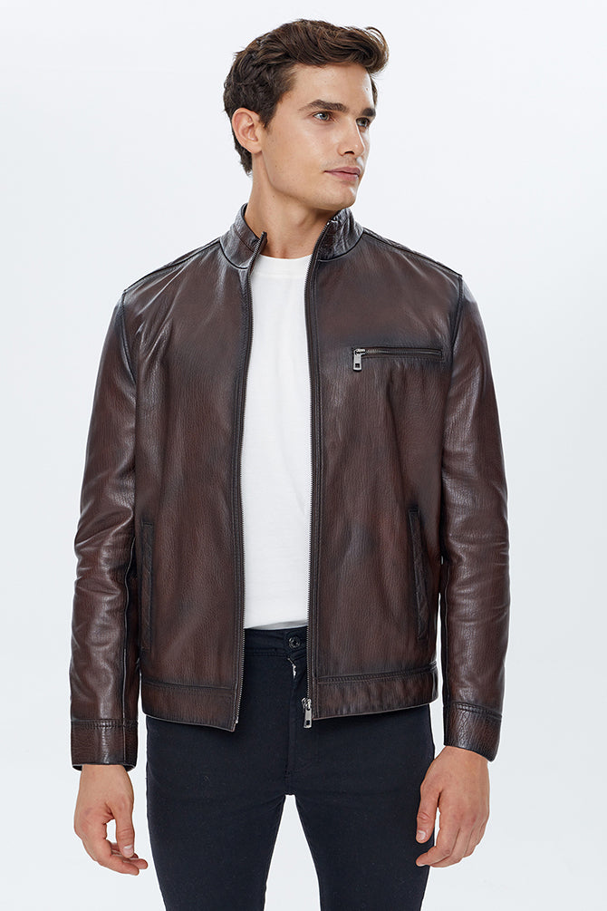 Benzema Men's Brown Leather Jacket 22WGD6451BT | Derimod