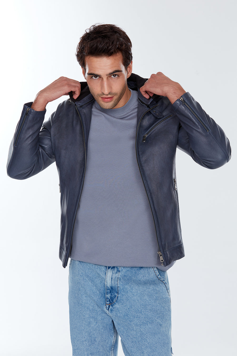 Towns Erkek Mavi Kapüşonlu Slim-Fit Spor Deri Ceket