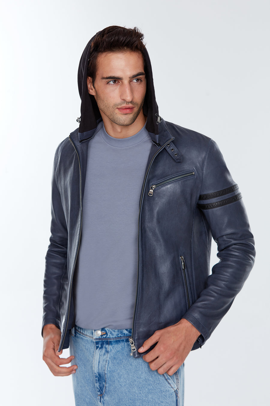 Towns Erkek Mavi Kapüşonlu Slim-Fit Spor Deri Ceket