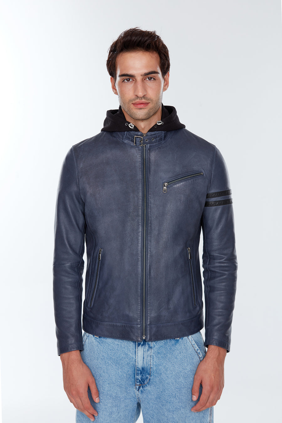 Towns Erkek Mavi Kapüşonlu Slim-Fit Spor Deri Ceket