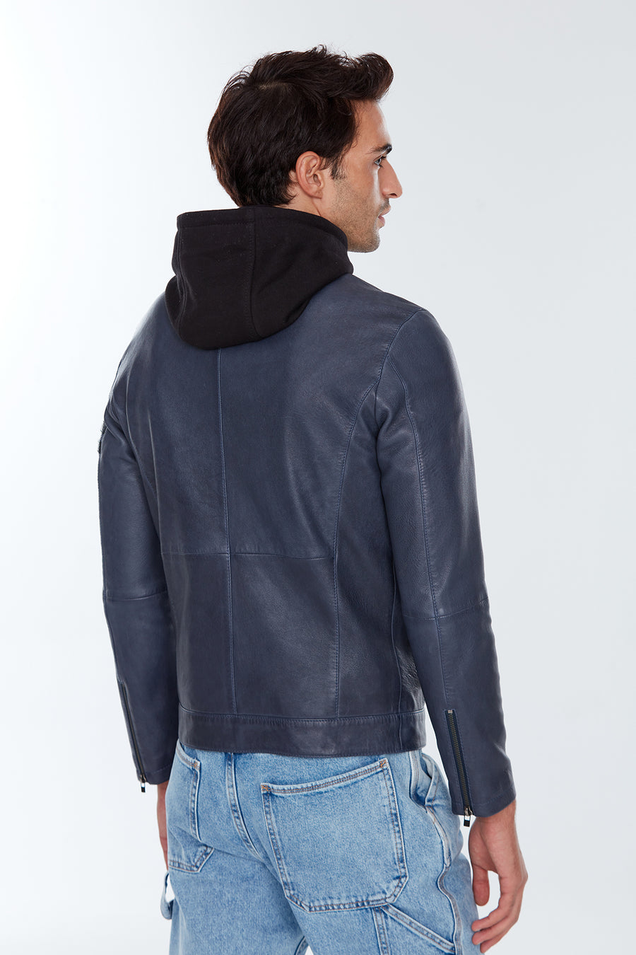 Towns Erkek Mavi Kapüşonlu Slim-Fit Spor Deri Ceket
