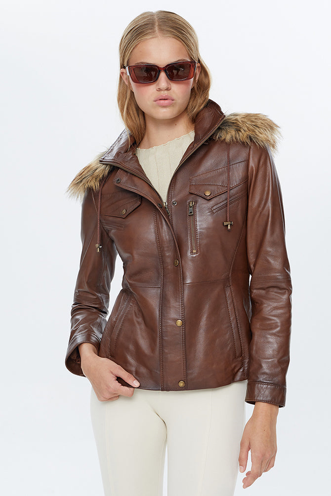 Vera Women's Brown Hooded Leather Coat