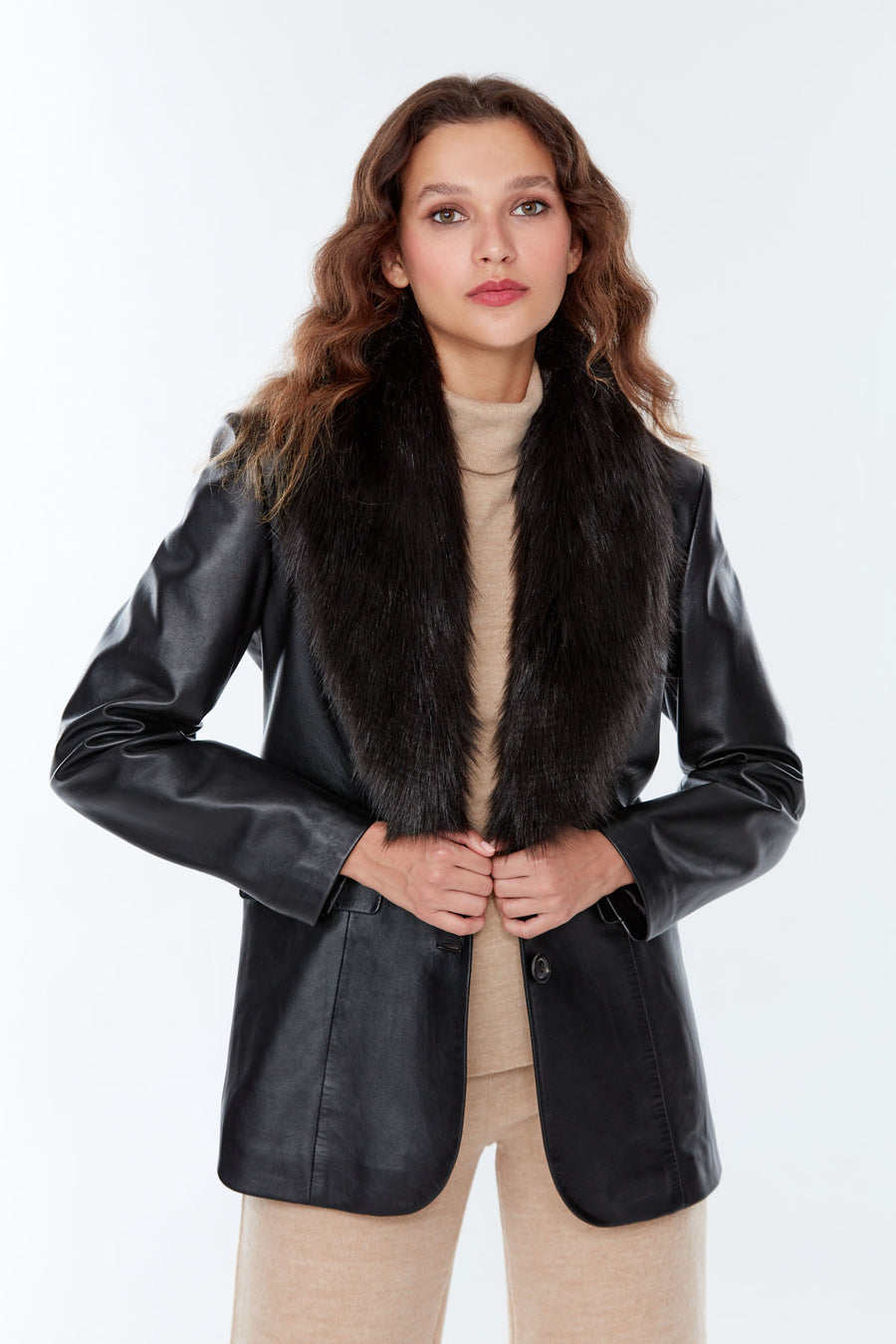 Noella Kadın Siyah Kürklü Blazer Deri Ceket 22WGE50381M | Derimod