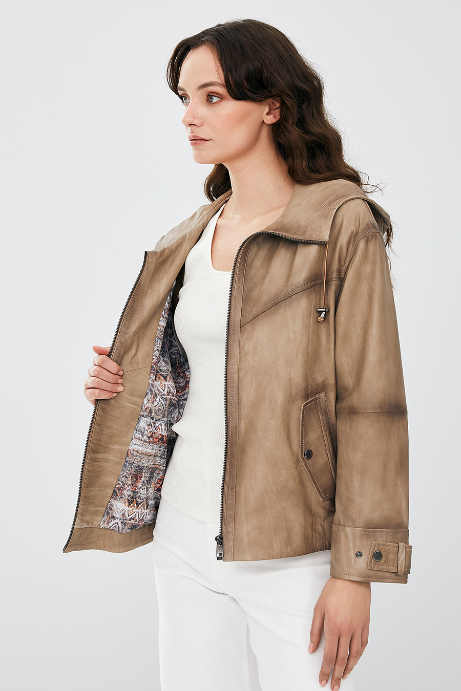 Darlen Women's Beige Oversize Hooded Leather Jacket