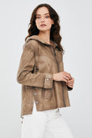 Darlen Women's Beige Oversize Hooded Leather Jacket | Derimod