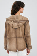 Darlen Women's Beige Oversize Hooded Leather Jacket | Derimod