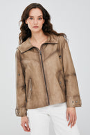Darlen Women's Beige Oversize Hooded Leather Jacket | Derimod