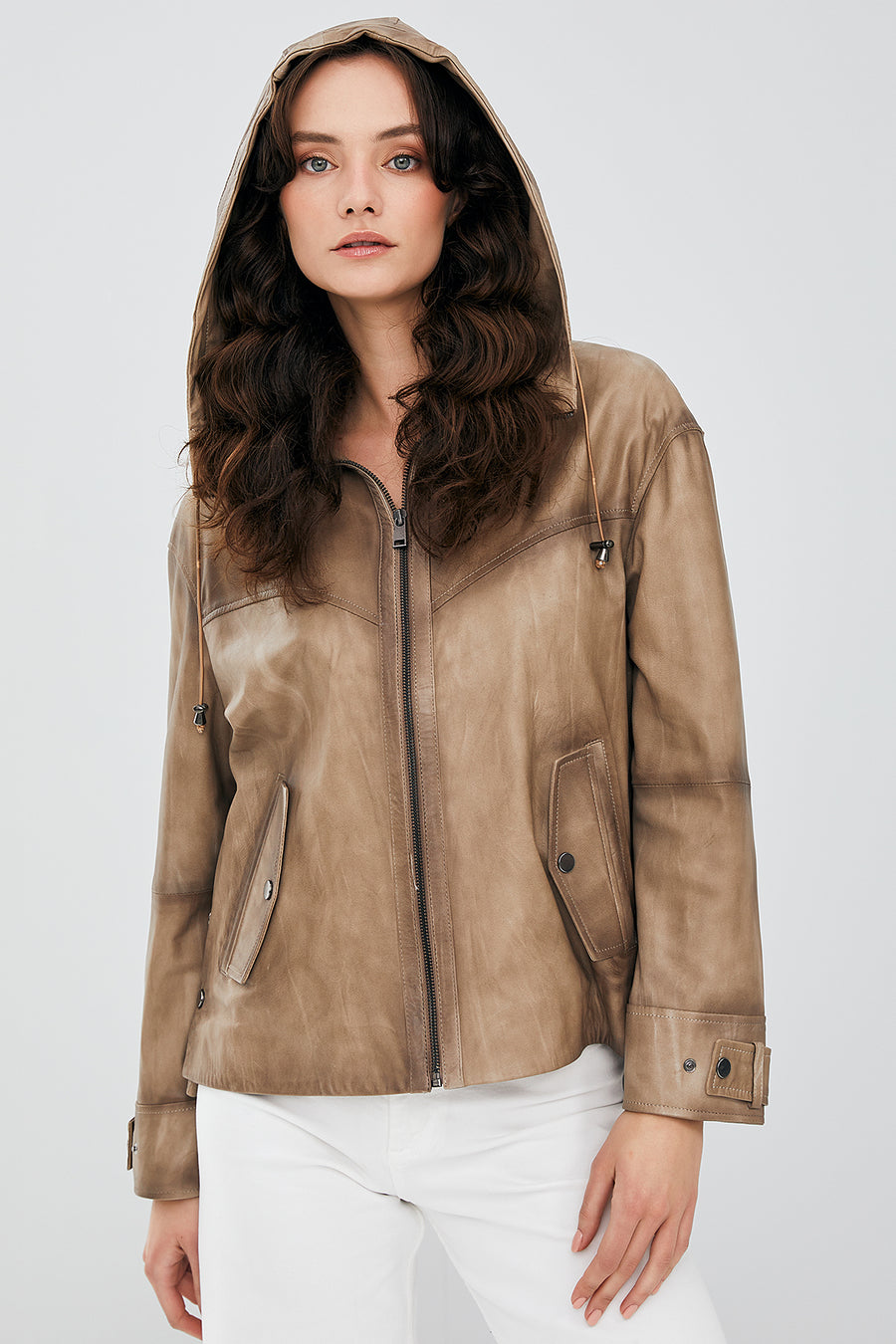 Darlen Women's Beige Oversize Hooded Leather Jacket