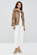 Darlen Women's Beige Oversize Hooded Leather Jacket | Derimod
