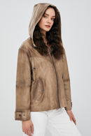 Darlen Women's Beige Oversize Hooded Leather Jacket | Derimod