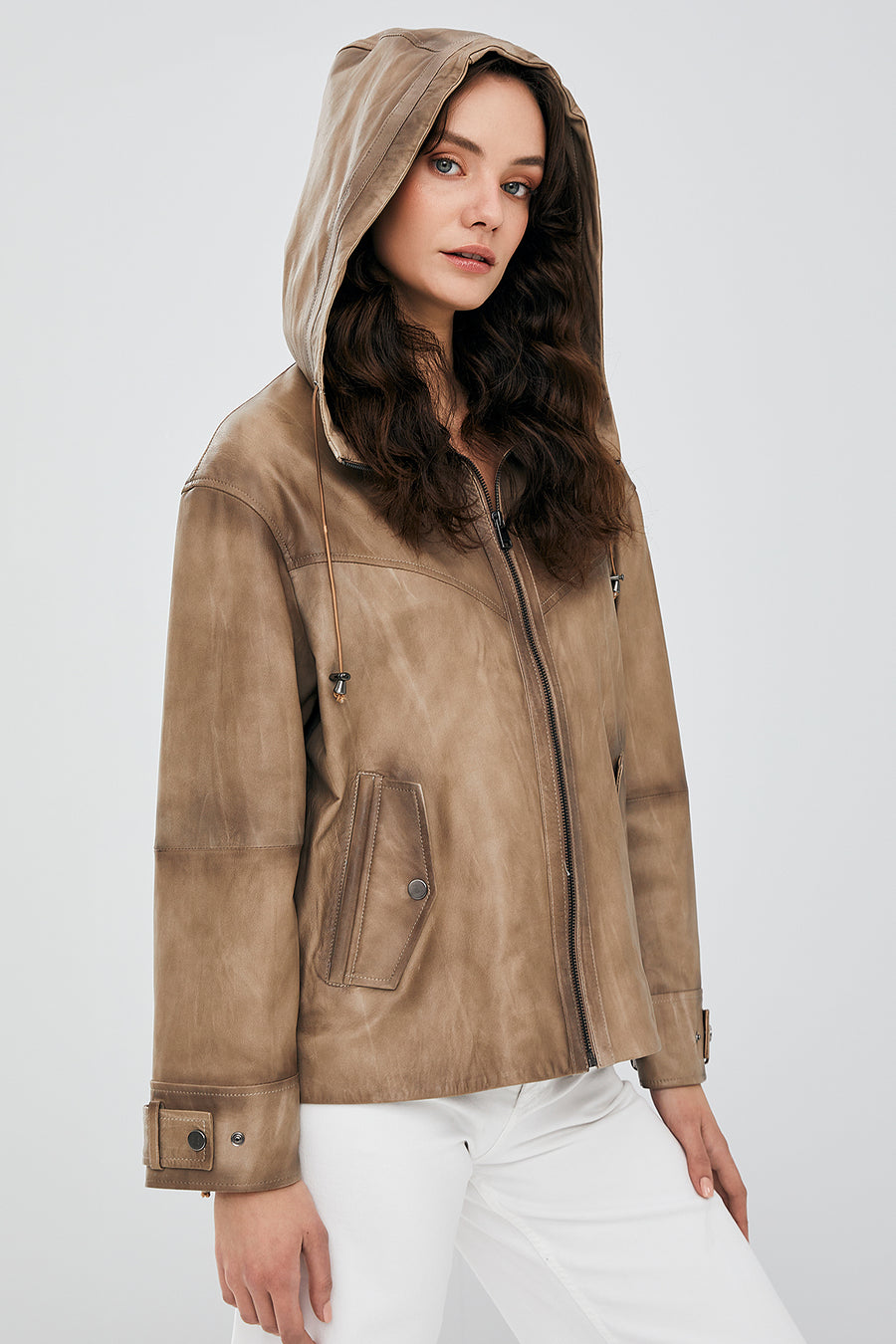 Darlen Women's Beige Oversize Hooded Leather Jacket