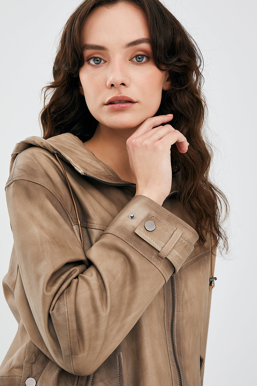 Darlen Women's Beige Oversize Hooded Leather Jacket