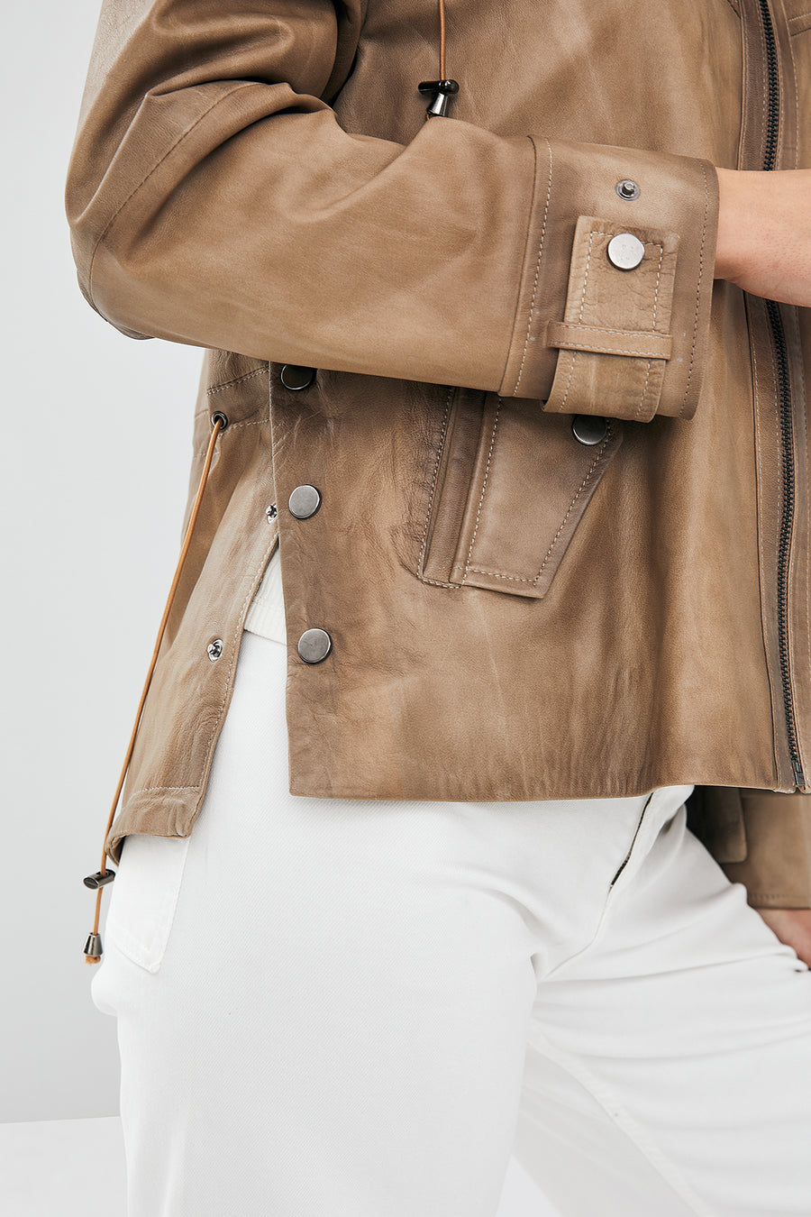 Darlen Women's Beige Oversize Hooded Leather Jacket