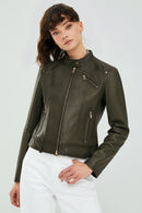 Sonia Women's Khaki Leather Jacket | Derimod