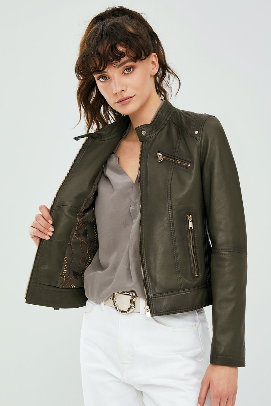 Sonia Women's Khaki Leather Jacket