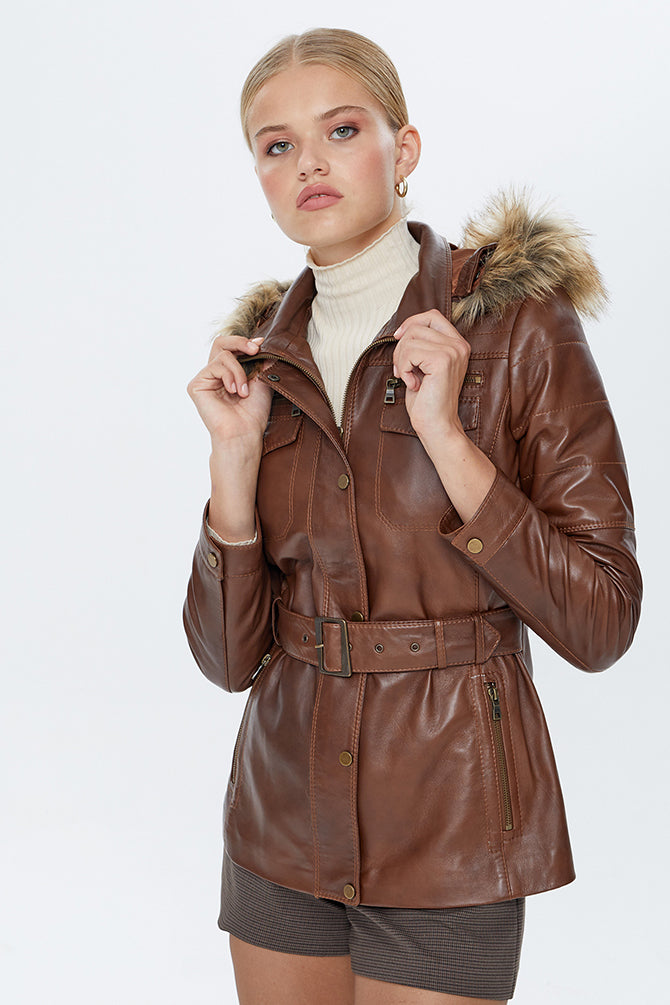 Lavinia Women's Brown Hooded Long Leather Jacket