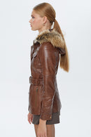 Lavinia Women's Brown Hooded Long Leather Jacket | Derimod