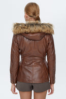 Lavinia Women's Brown Hooded Long Leather Jacket | Derimod