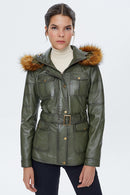 Latinia Women's Khaki Hooded Leather Coat | Derimod