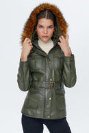 Latinia Women's Khaki Hooded Leather Coat | Derimod