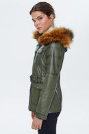 Latinia Women's Khaki Hooded Leather Coat | Derimod