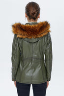 Latinia Women's Khaki Hooded Leather Coat | Derimod