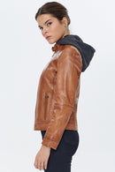 Venus Women's Camel Hooded Leather Jacket | Derimod