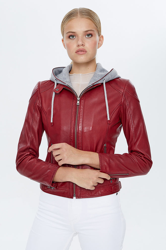 Santa Fe Women's Red Hooded Leather Coat