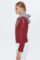Santa Fe Women's Red Hooded Leather Coat | Derimod