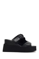 Women's Black Buckle Platform Leather Slippers | Derimod