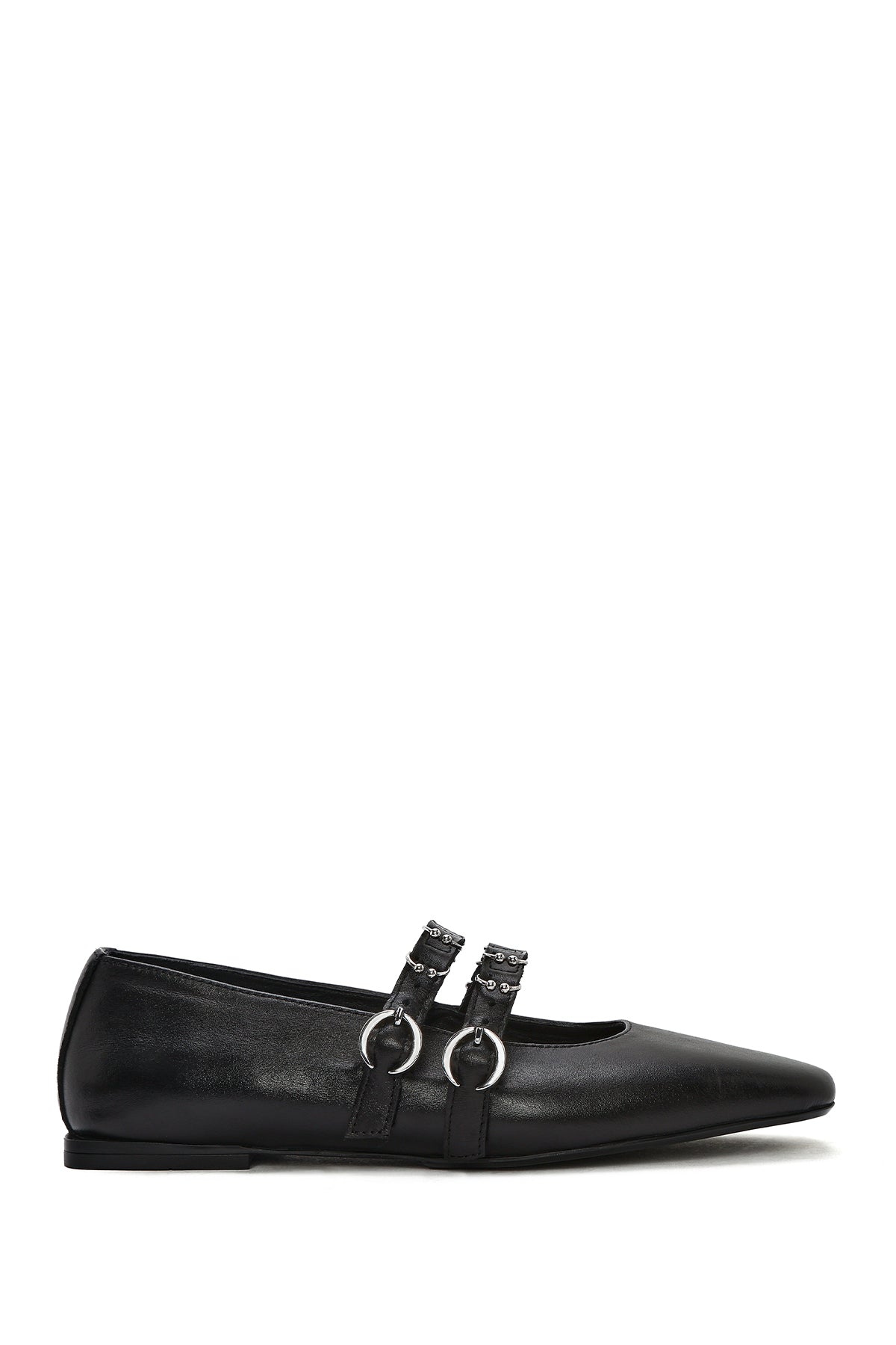 Women's Black Double Buckled Leather Ballerinas 25SFD270618 | Derimod