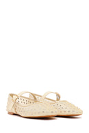 Women's Fabric Ballet Flats with Gold Buckle and Rhinestones | Derimod