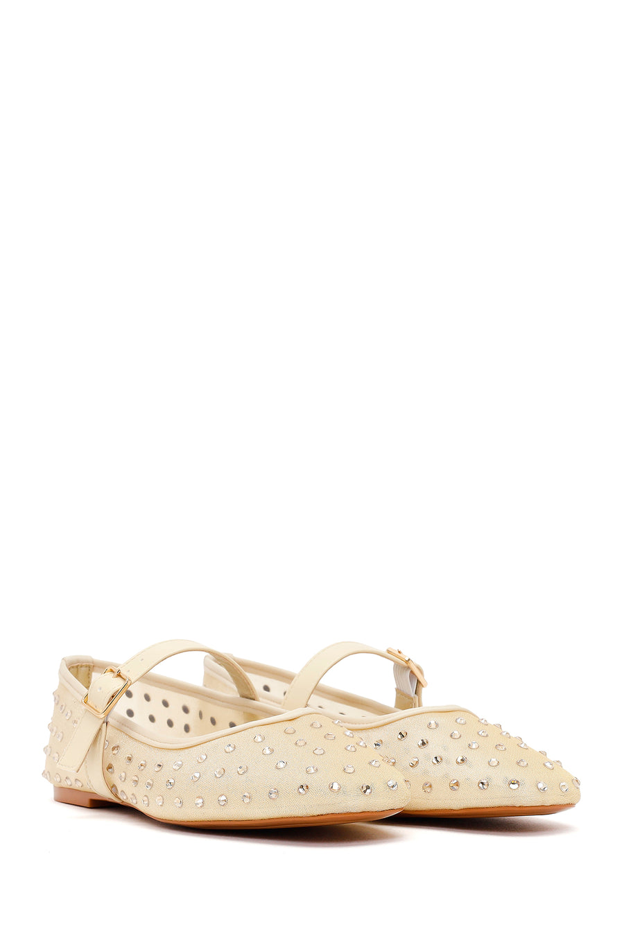 Women's Fabric Ballet Flats with Gold Buckle and Rhinestones