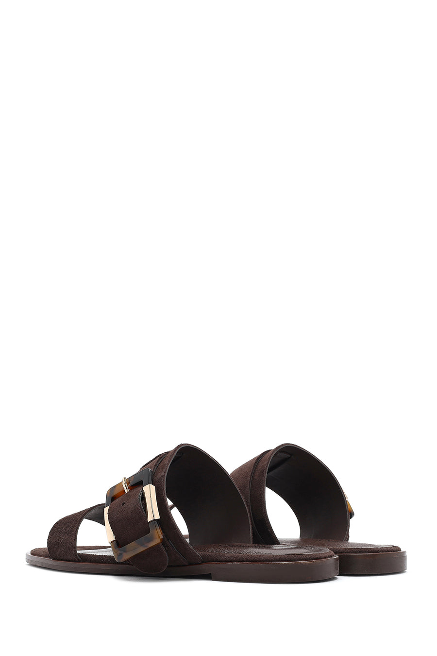 Woman Brown Buckled Suede Leather Slippers
