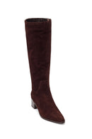 Woman Brown Thick Short-Heeled Zip Closure Suede Leather Boots | Derimod