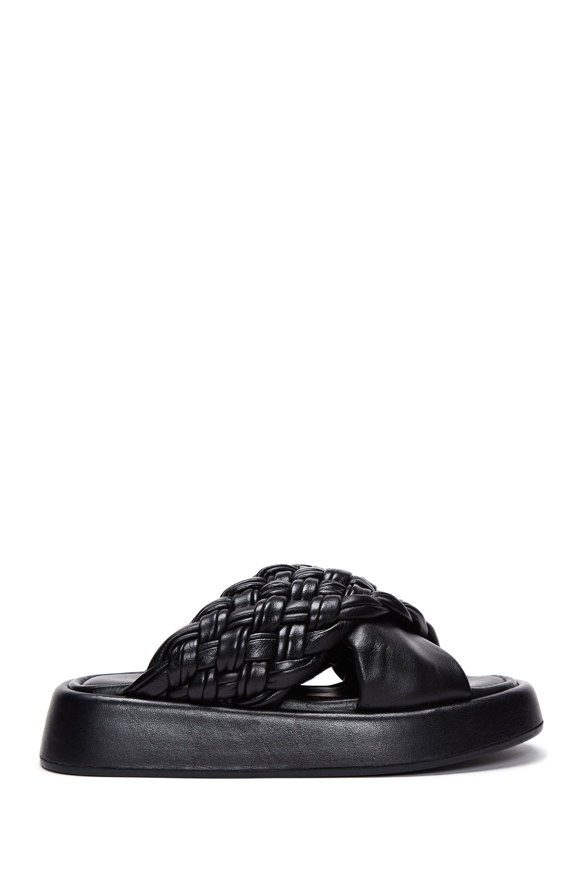 Women's Black Leather Knit Thick Soled Slippers 23SFD130214 | Derimod