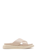 Women's Beige Leather Comfort Slippers | Derimod