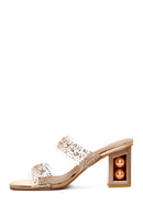Women's Pink Gold Stone Vinyl Thick Heeled Slippers | Derimod