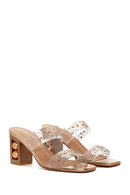 Women's Pink Gold Stone Vinyl Thick Heeled Slippers | Derimod