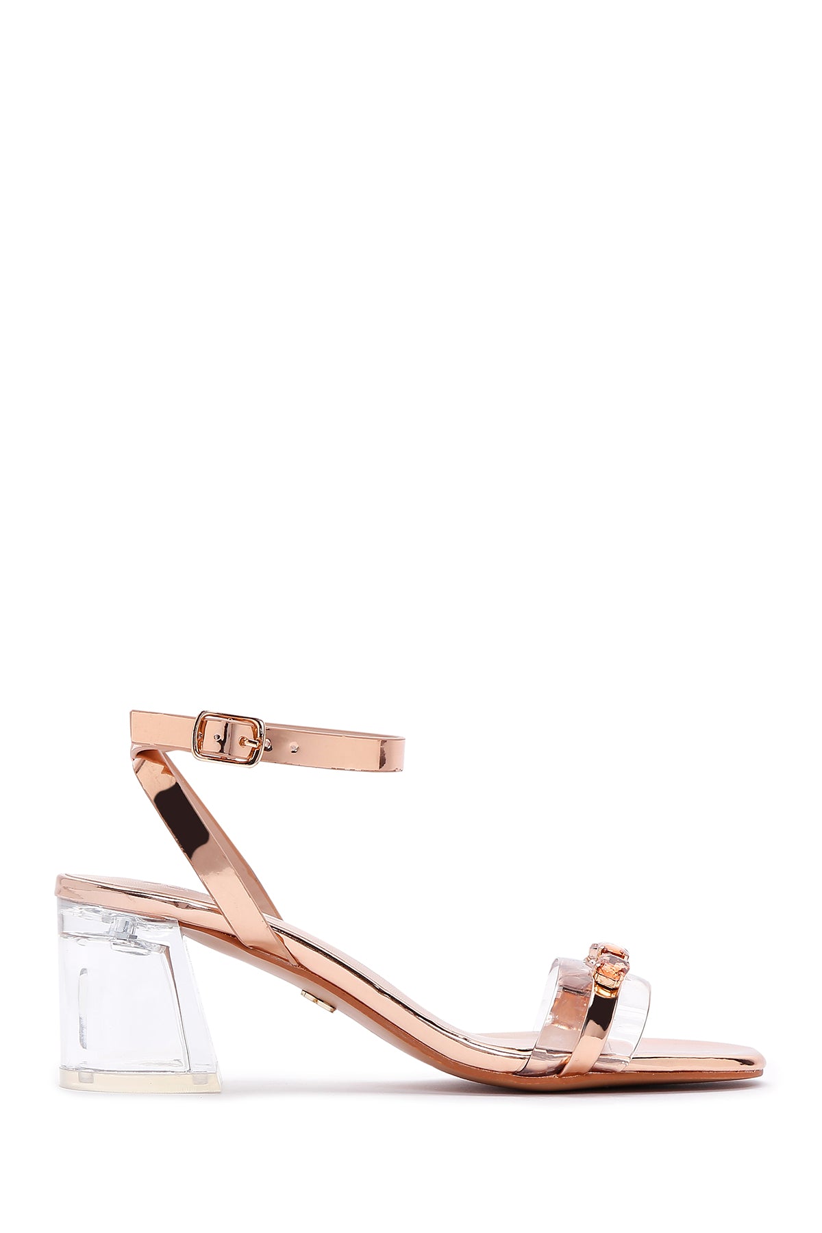 Women's Pink Gold Vinyl Stone Thick Heeled Sandals 23SFE469514 | Derimod