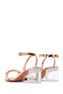 Women's Pink Gold Vinyl Stone Thick Heeled Sandals | Derimod