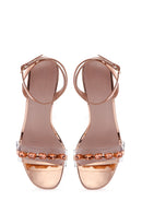 Women's Pink Gold Vinyl Stone Thick Heeled Sandals | Derimod