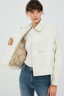 Dora Women's Ecru Oversize Short Leather Jacket | Derimod