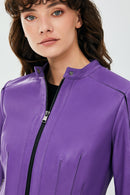 Joel Women's Purple Slim-Fit Short Leather Jacket | Derimod