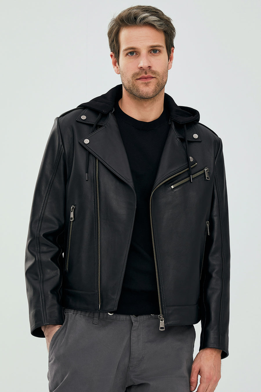 Lowry Erkek Siyah Kapüşonlu Deri Biker Mont 23SGD64851M | Derimod