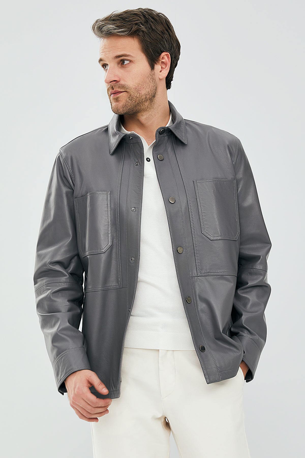 Eric Men's Gray Leather Shirt Type Jacket 23SGE6484R3 | Derimod
