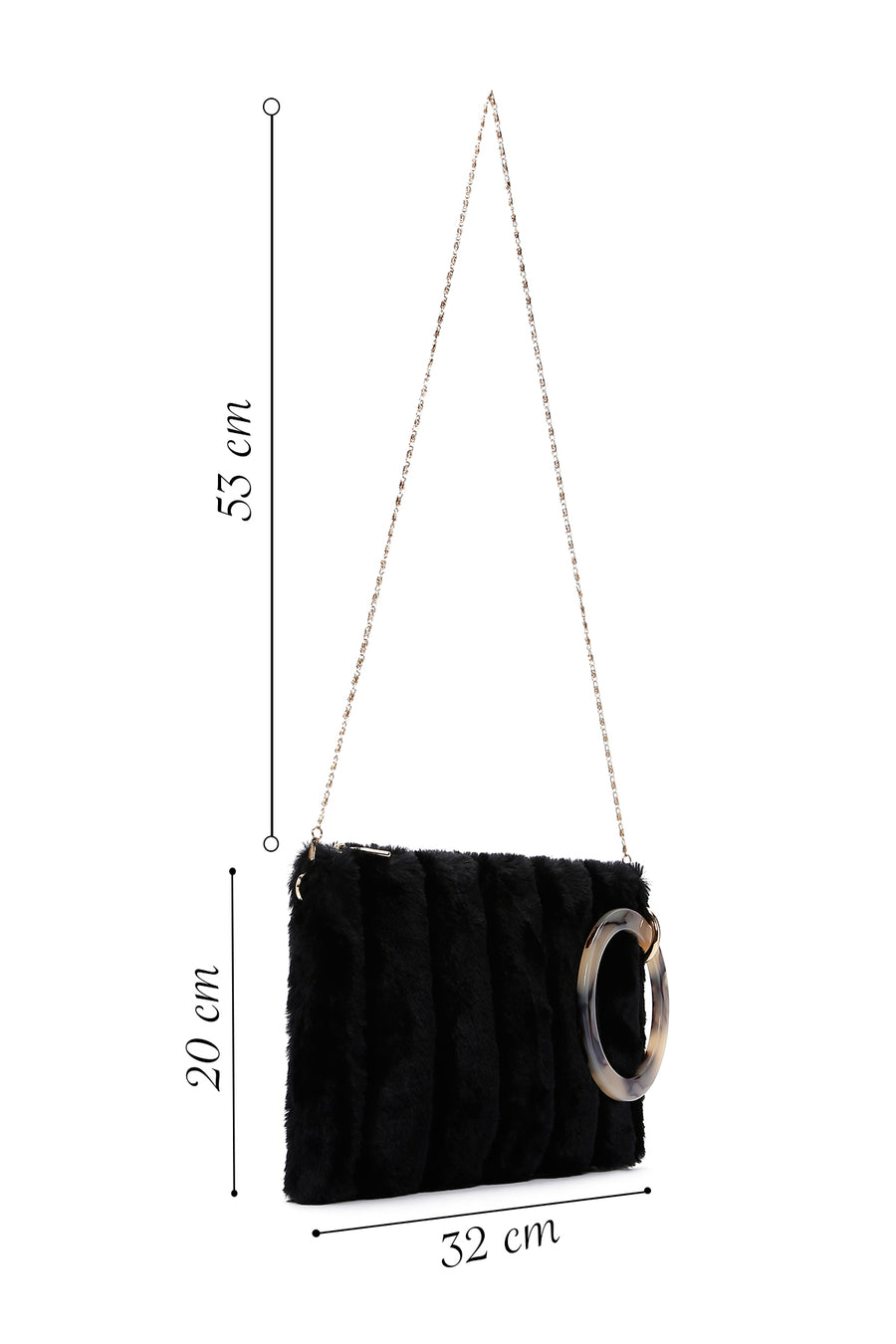 Women's Black Long Chain Strap Plush Clutch Bag